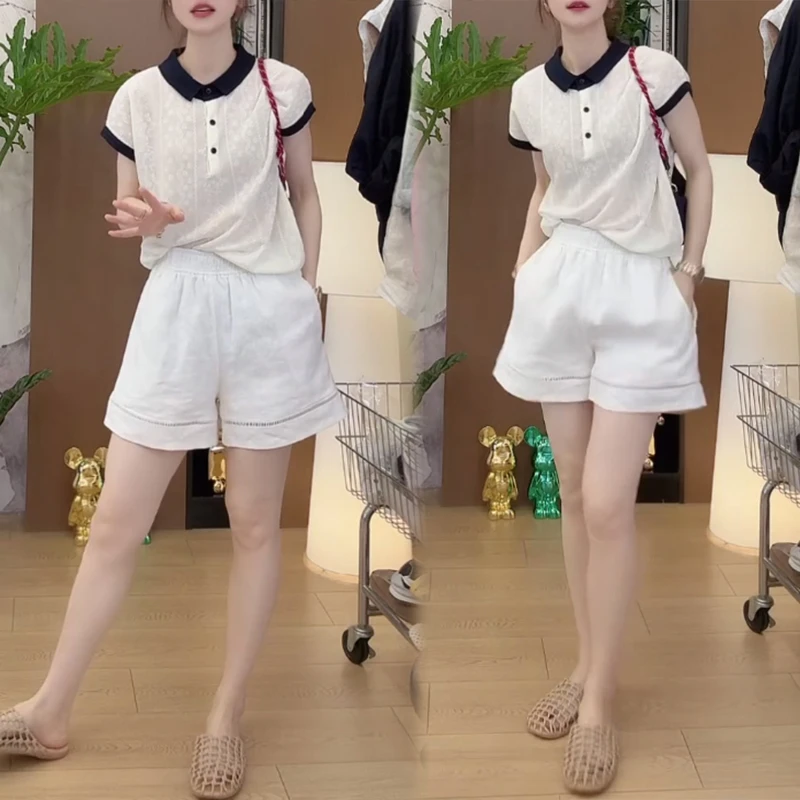 翻领纽扣设计感针织短袖休闲短裤套装女2025年夏季新款时尚两件套