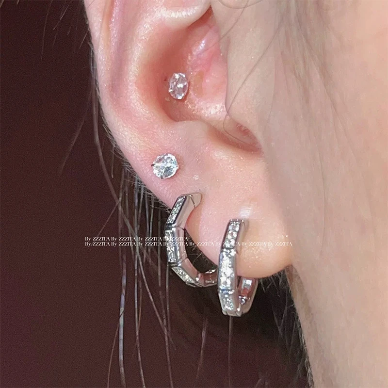 925银耳饰 925纯银镶钻圆圈耳扣女简约小众设计轻奢精致基础款个