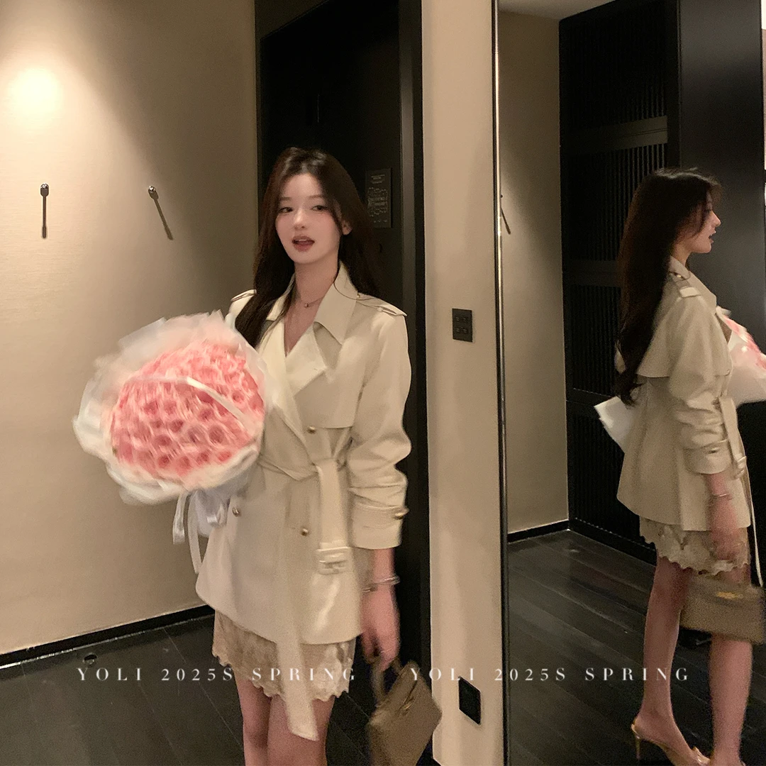 英伦风翻领收腰系带通勤风衣女气质时尚简约百搭高级感中长款外套