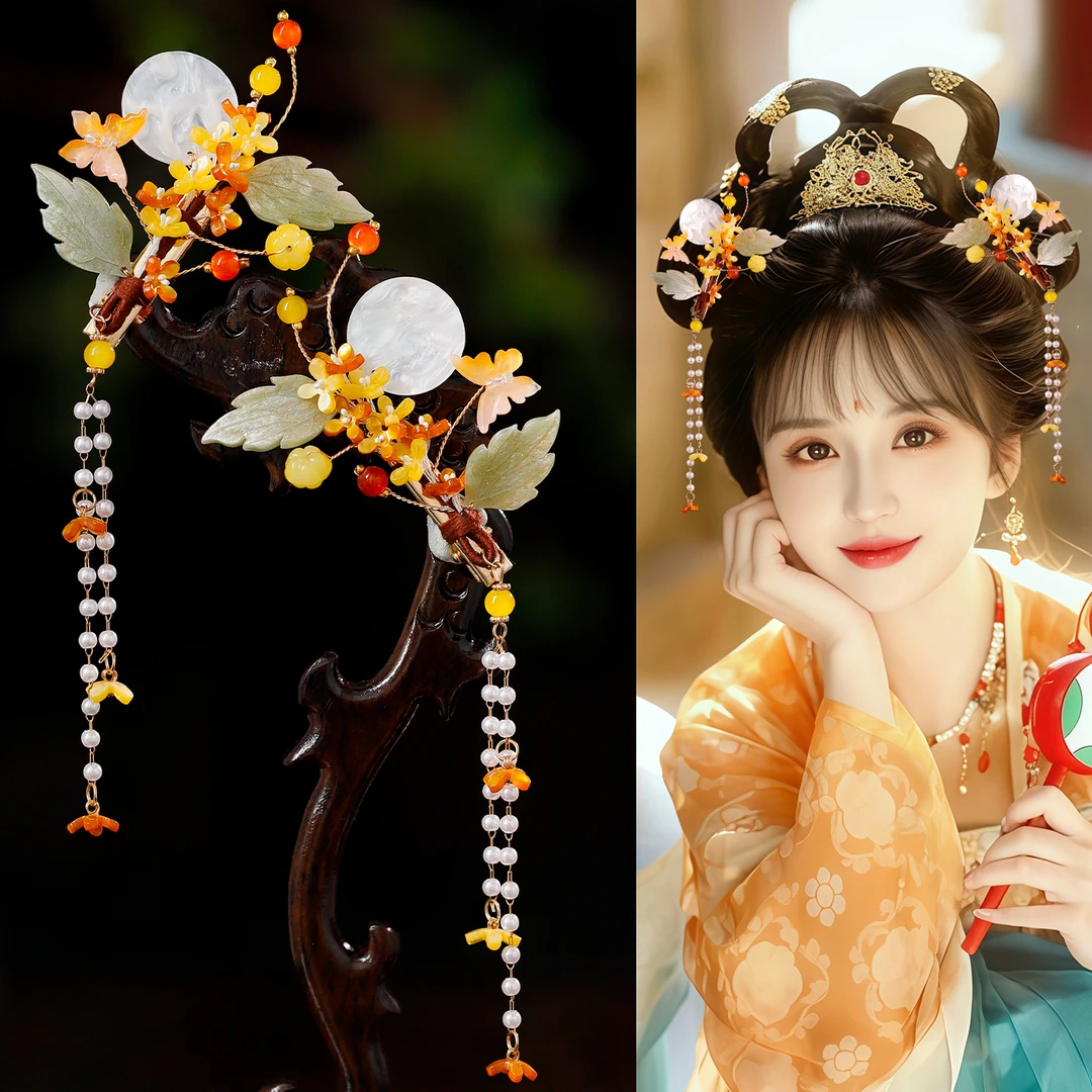 古风甜美头饰清新桂花花朵流苏发夹百搭气质对夹写真影楼拍摄发饰
