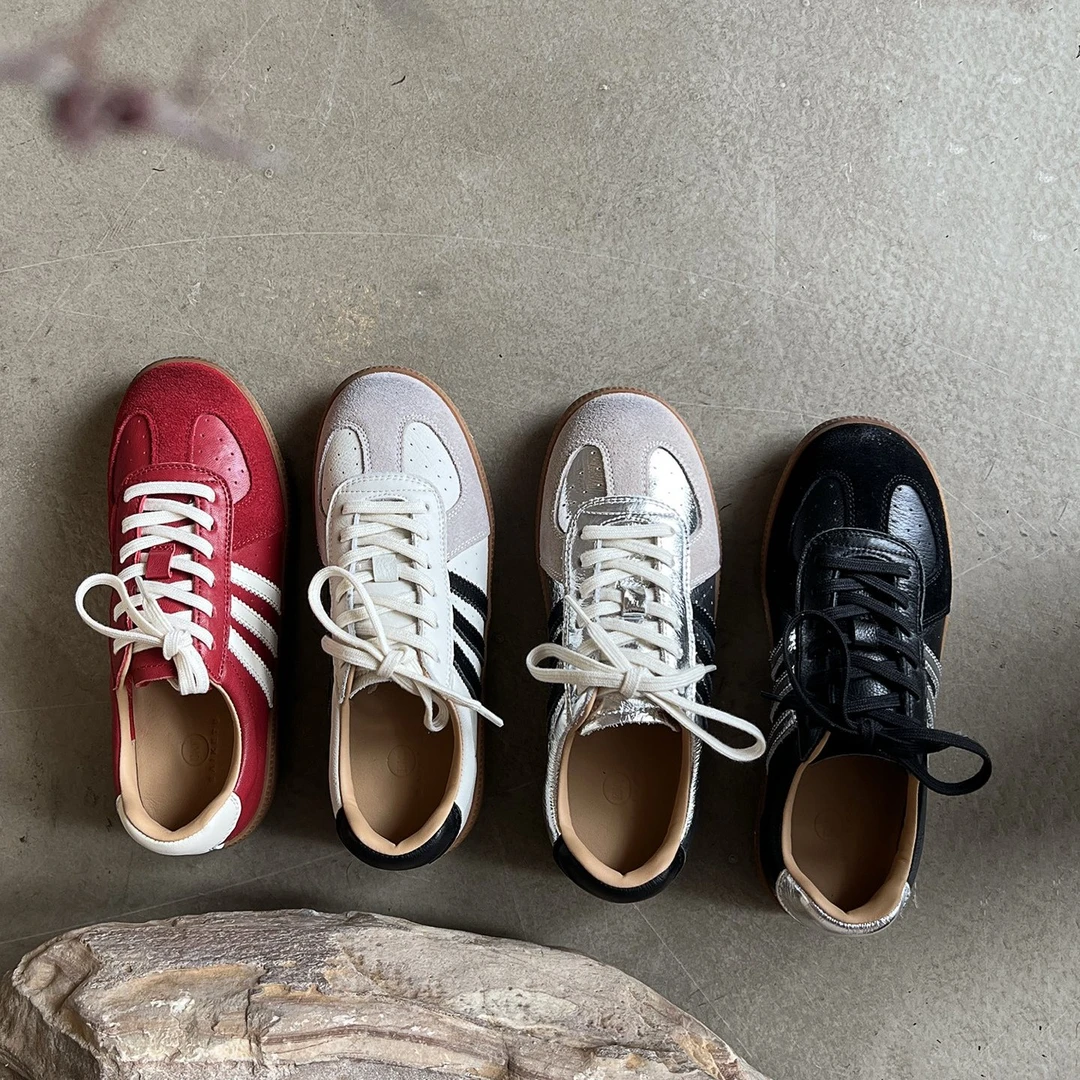 真皮牛皮复古德训鞋女透气小白鞋系带拼色平底休闲鞋阿甘鞋