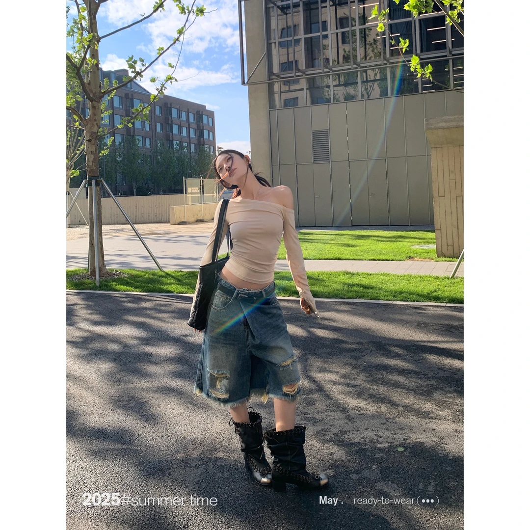 SUNONEONE 破洞斜门襟毛边牛仔中裤女夏美式宽松七分短裤H1113K