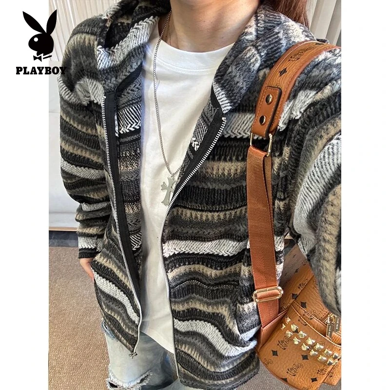 花花公子日系慵懒条纹秋季新款卫衣男复古毛呢宽松系休闲帽衫外套
