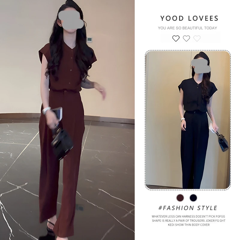 2025夏新款时尚套装女洋气无袖衬衫上衣高腰显瘦直筒阔腿裤两件套