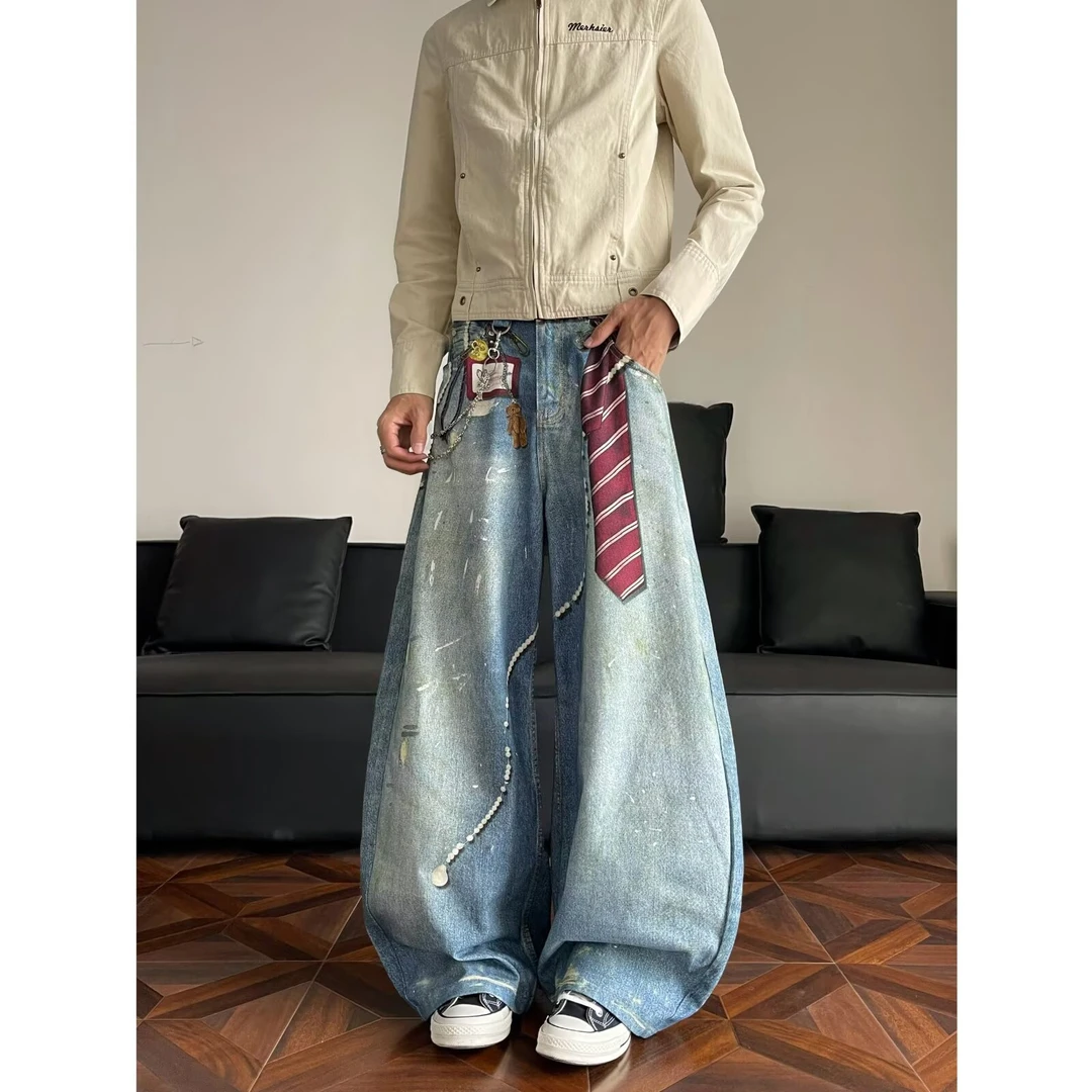 美式阔腿弯刀牛仔裤男女3D款潮牌长裤直筒大码宽松嘻哈拖地裤子