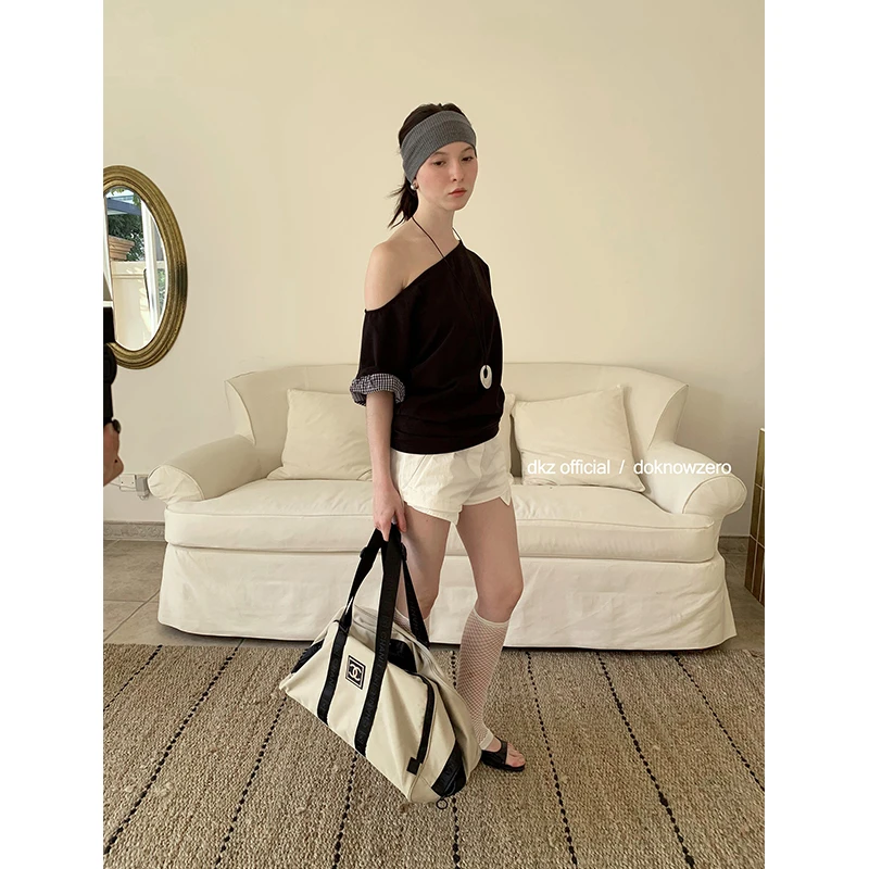 DKZ 拼接格纹斜肩短袖T