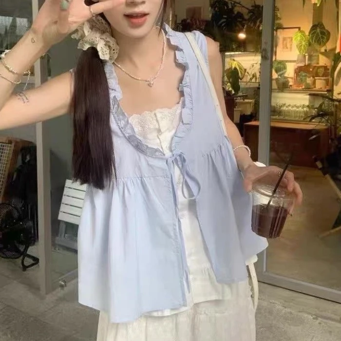 夏季款甜美韩系假两件荷叶边无袖衬衫女设计宽松显瘦百搭别致上衣