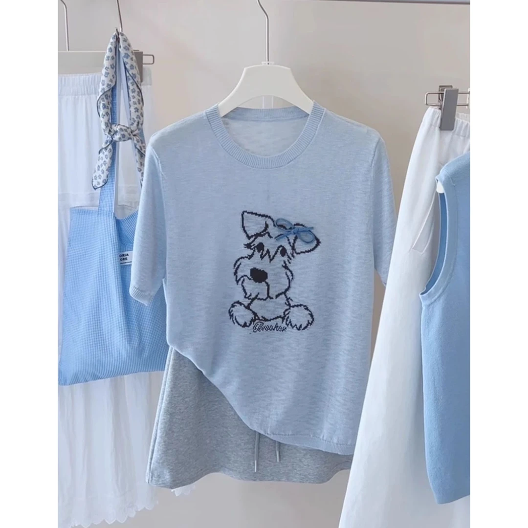 大码女装圆领竹节麻小狗提花针织衫夏季新款休闲减龄短袖上衣6524