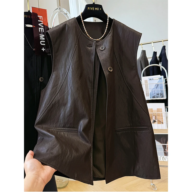 特大码300斤高级感设计感圆领无袖皮马甲男女秋季宽松叠穿外套潮2