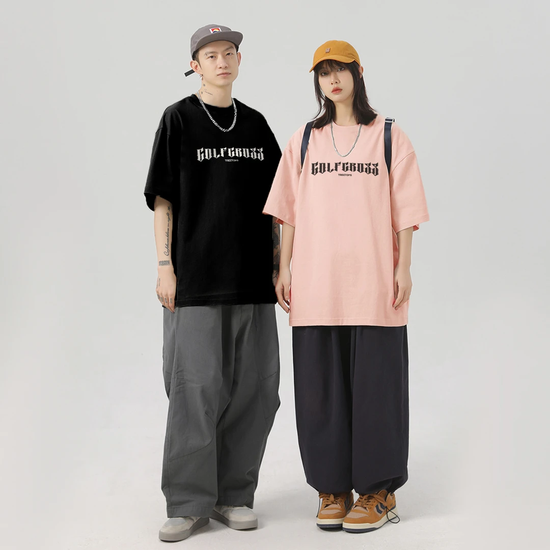 GOLFCROSS男女同款夏季哥特字母Logo印花宽松圆领短袖圆领百搭T恤