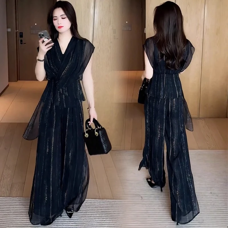 时尚雪纺套装女2025夏季新款洋气质显瘦条纹短袖上衣阔腿裤两件套