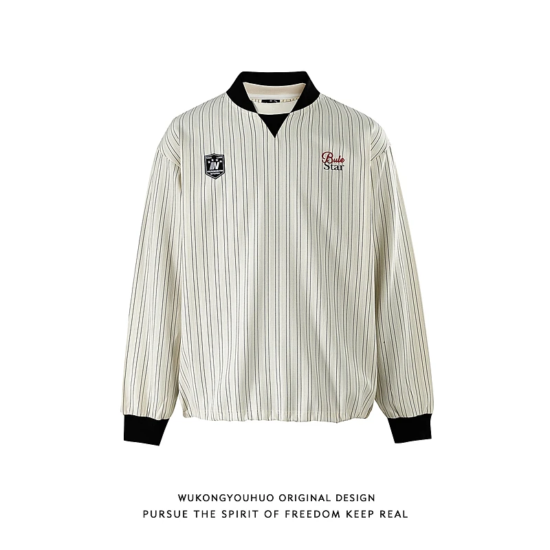 悟空有货美式潮牌撞色条纹V领运动长袖T恤男宽松潮流情侣百搭上衣