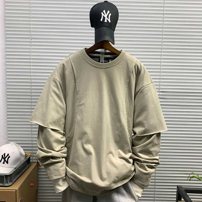 春秋新款假两件圆领简约纯色卫衣男士休闲宽松潮牌百搭长袖上衣