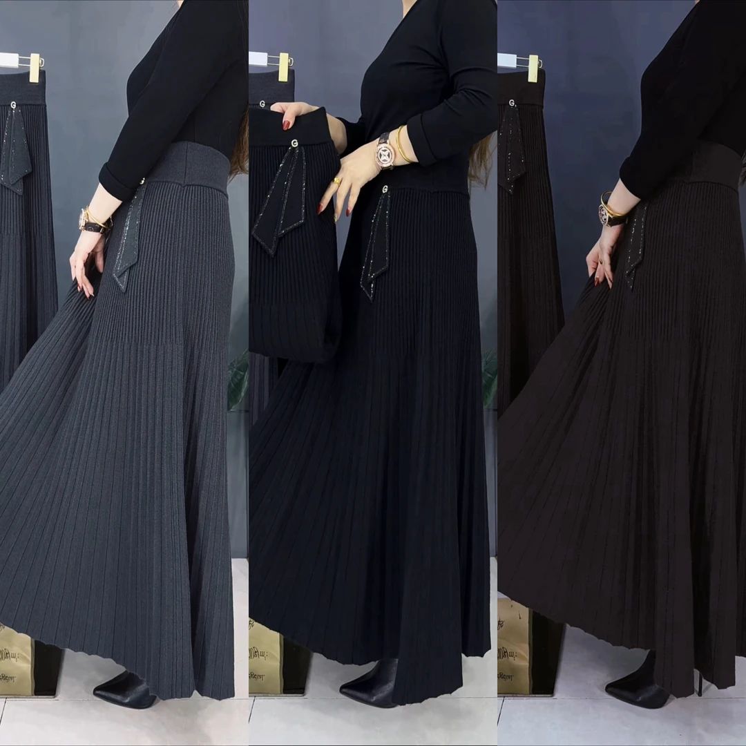 9819-1#秋冬新款腰钻飘带细百折显瘦百搭洋气女士半身裙