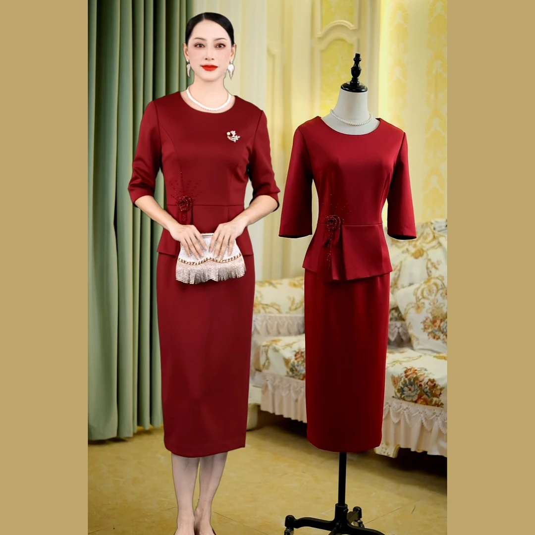 【红宴】88553高级感红色假两件连衣裙喜婆婆妈妈装2025春秋新品