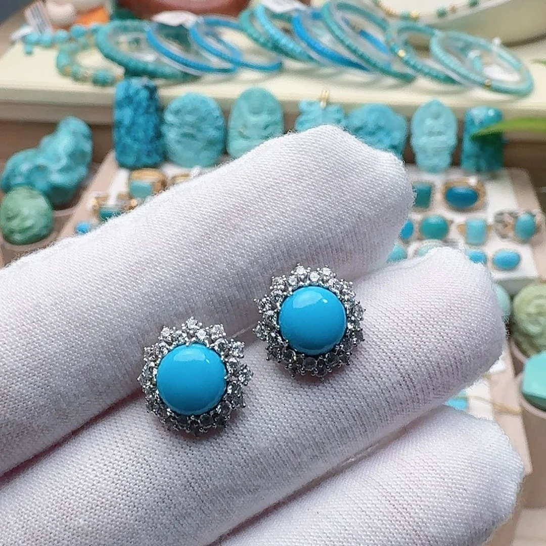 绿松石银S925镶嵌高瓷蓝精美耳钉
