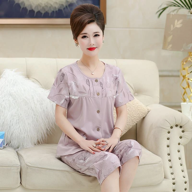 FAVMARTHA睡衣女夏天纯棉短袖七分裤妈妈款夏季薄款开衫中年家居