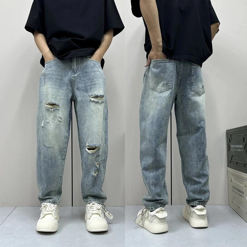 昊Studio夏季薄款男士破洞牛仔裤美式高街宽松痞帅阔腿直筒牛仔裤
