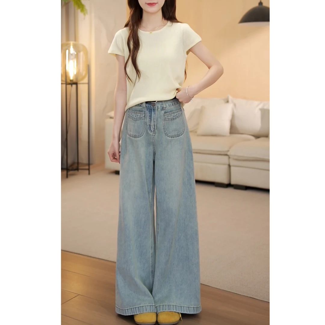 (周周小个子)春季高腰百搭大脚口休闲极简宽松牛仔裤-YJ5548