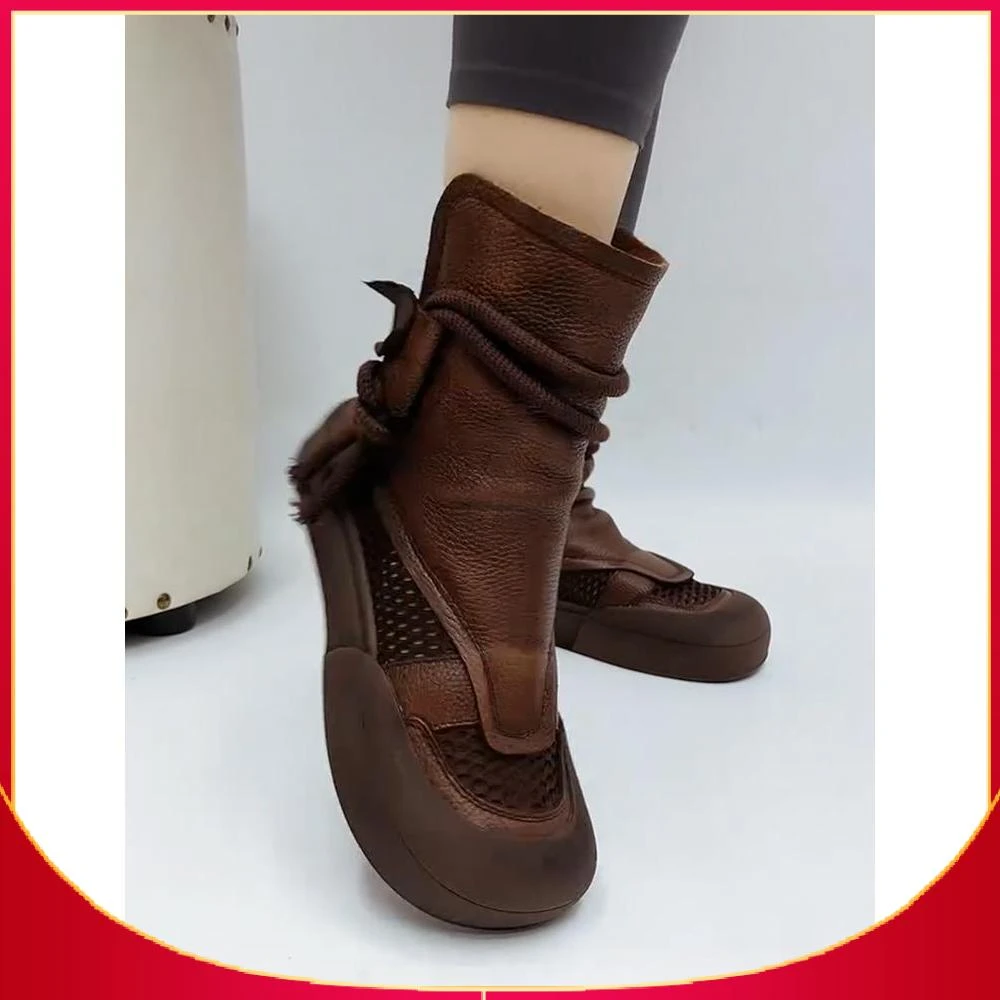 罗马凉鞋女2025年春夏季新款圆头平底牛皮防滑凉靴透气包头洞洞鞋