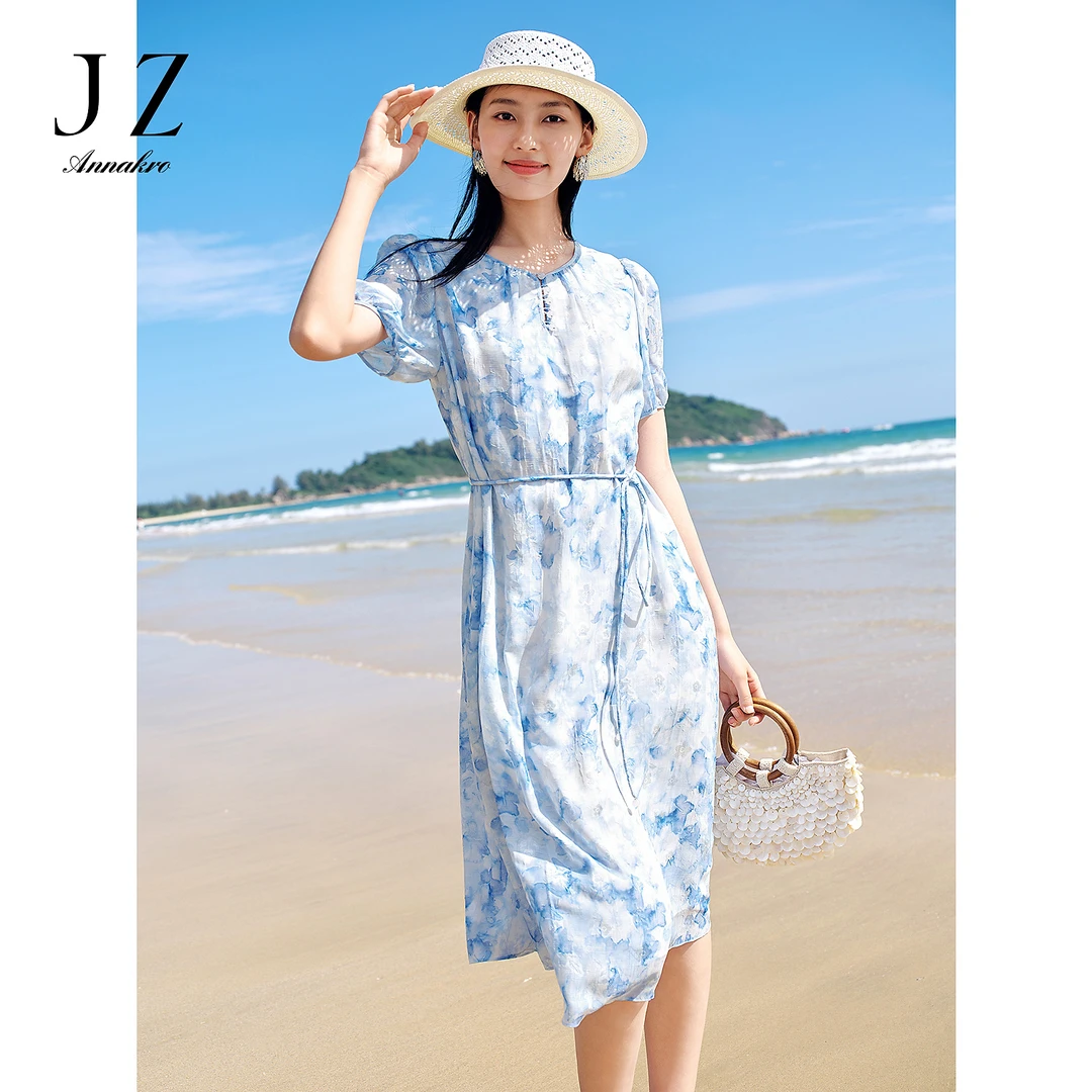 玖姿安娜蔻欧若风度晕染显瘦收腰连衣裙女2025夏季新款KWFX50144