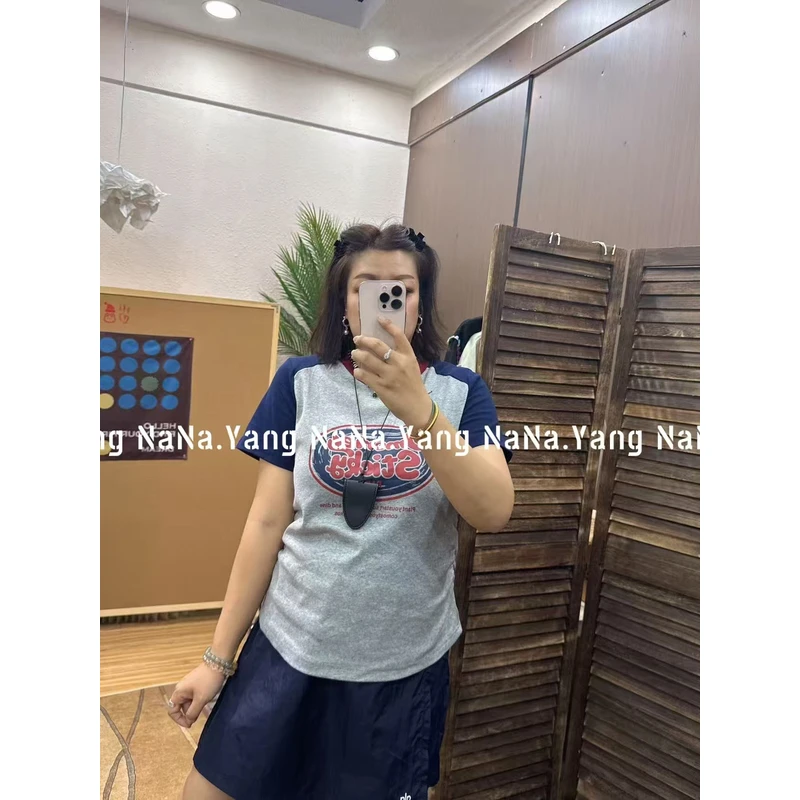【夏季音乐节辣妹穿搭】百搭时尚宽松印花拼接插肩袖字母T恤