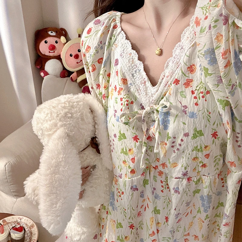 花草丛林V领带胸垫睡裙少女感短袖睡衣夏天2025防凸点薄款家居服