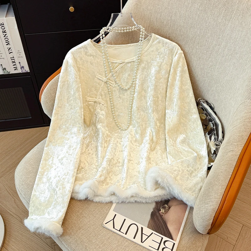 高级感白色丝绒上衣女秋冬加绒加厚打底衫新中式国风内搭仿水貂毛