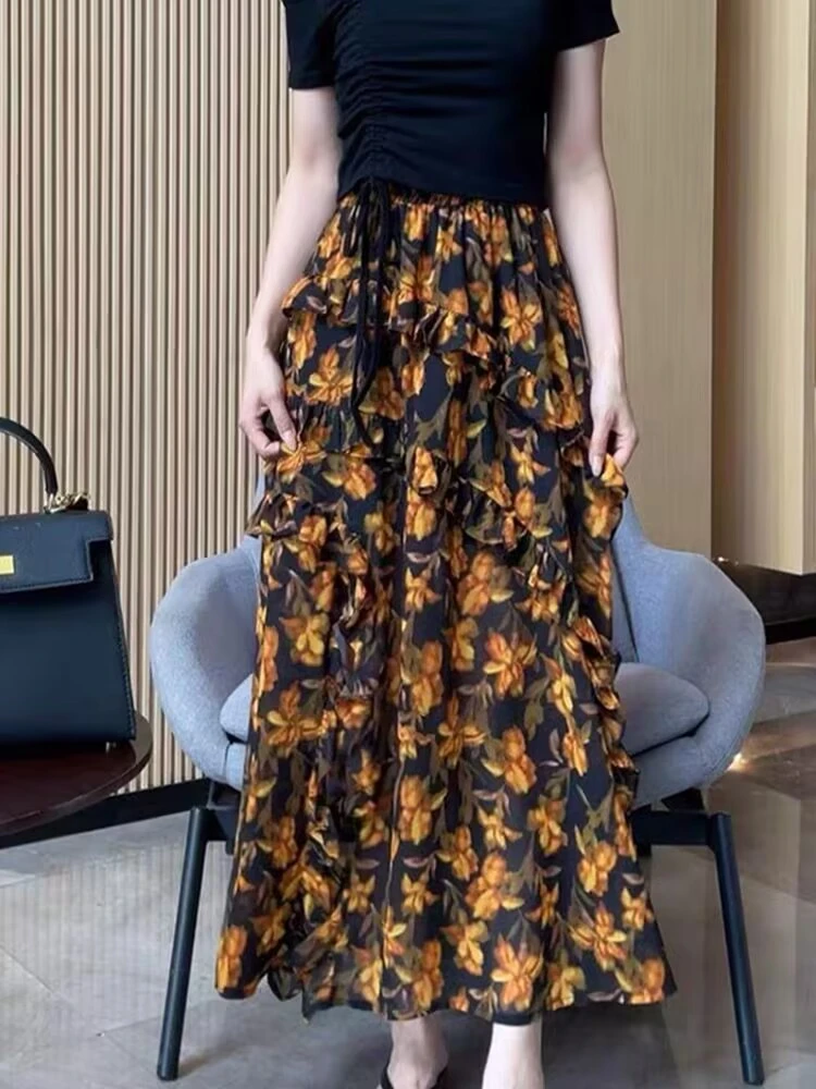 夏季茶歇法式不规则荷叶边波点半身裙女气质甜美高腰开叉中长裙子