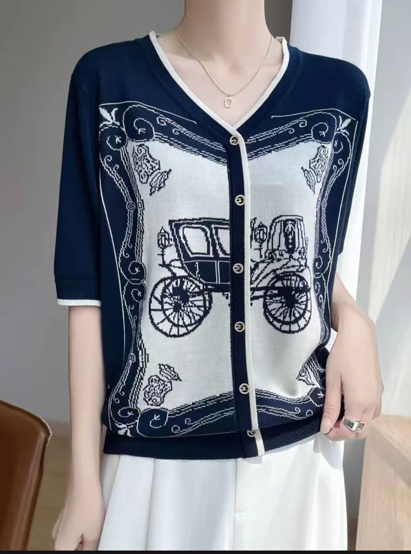 高级莱赛尔天丝复古撞色时尚气质V领短袖女百搭减龄衫