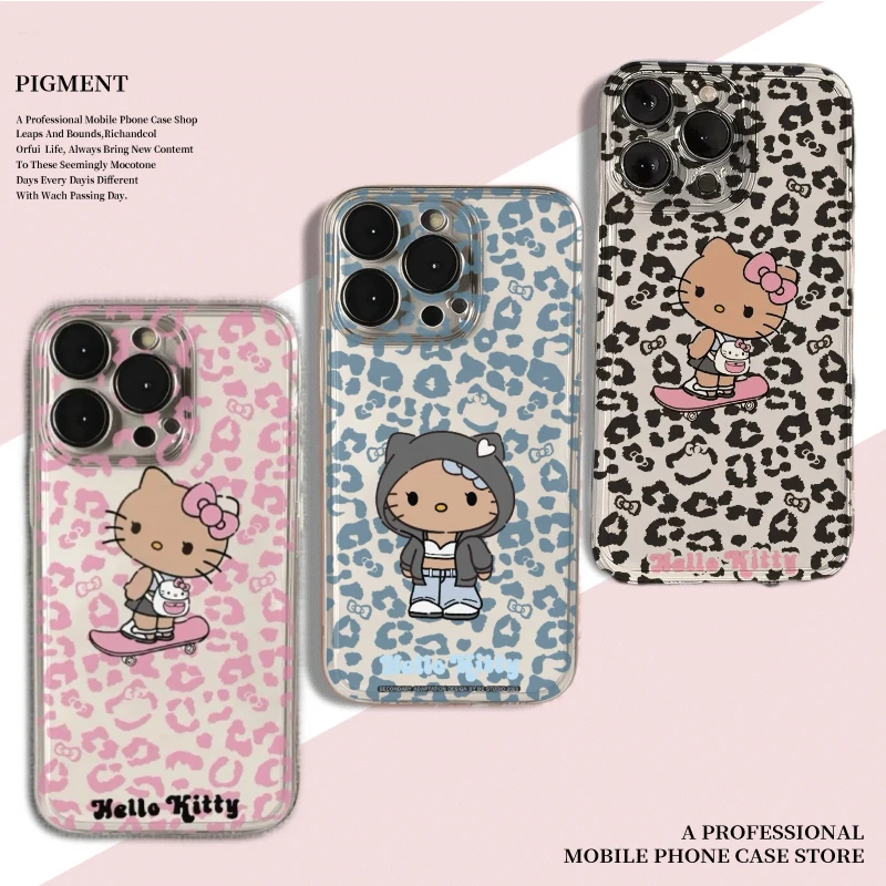豹纹黑皮kityy适用苹果16pro/15手机壳/14小米oppo华为vivo透明