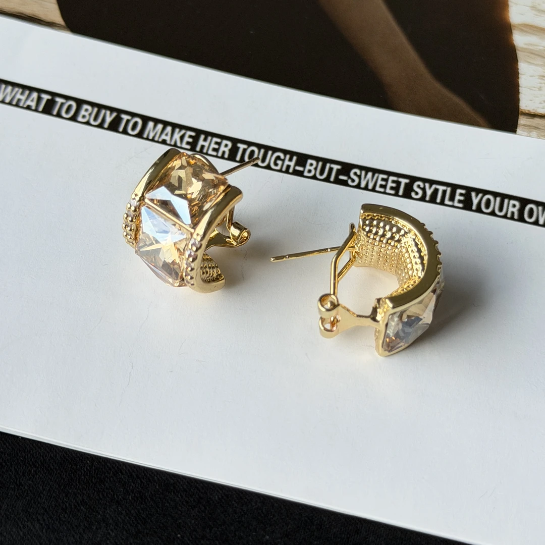 黄铜耳饰 法式香槟锆石耳圈耳环EH0107-G