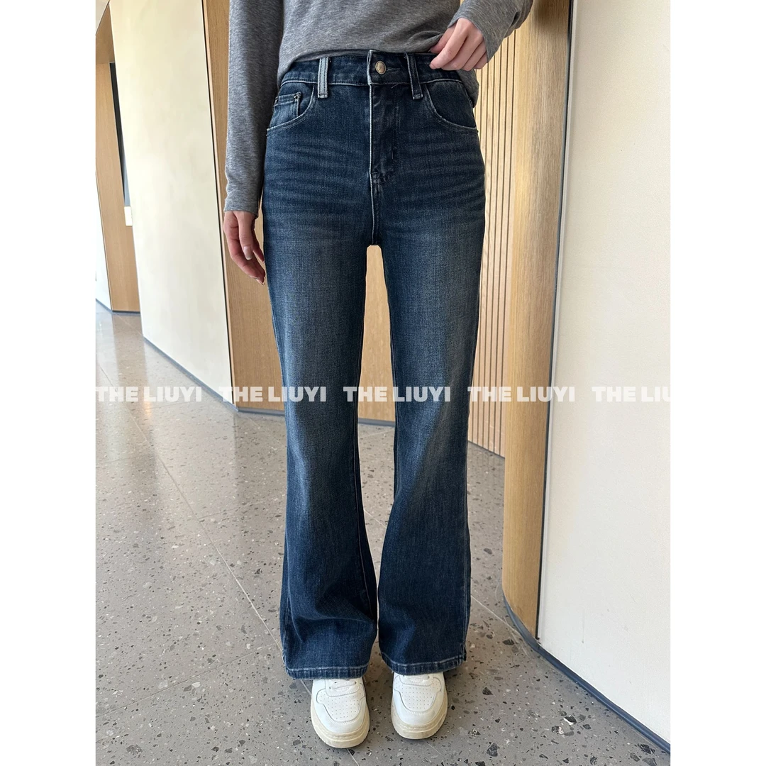 【LIUYI】修容裤~设计感四面弹复古水洗牛仔高腰微喇裤5824A1