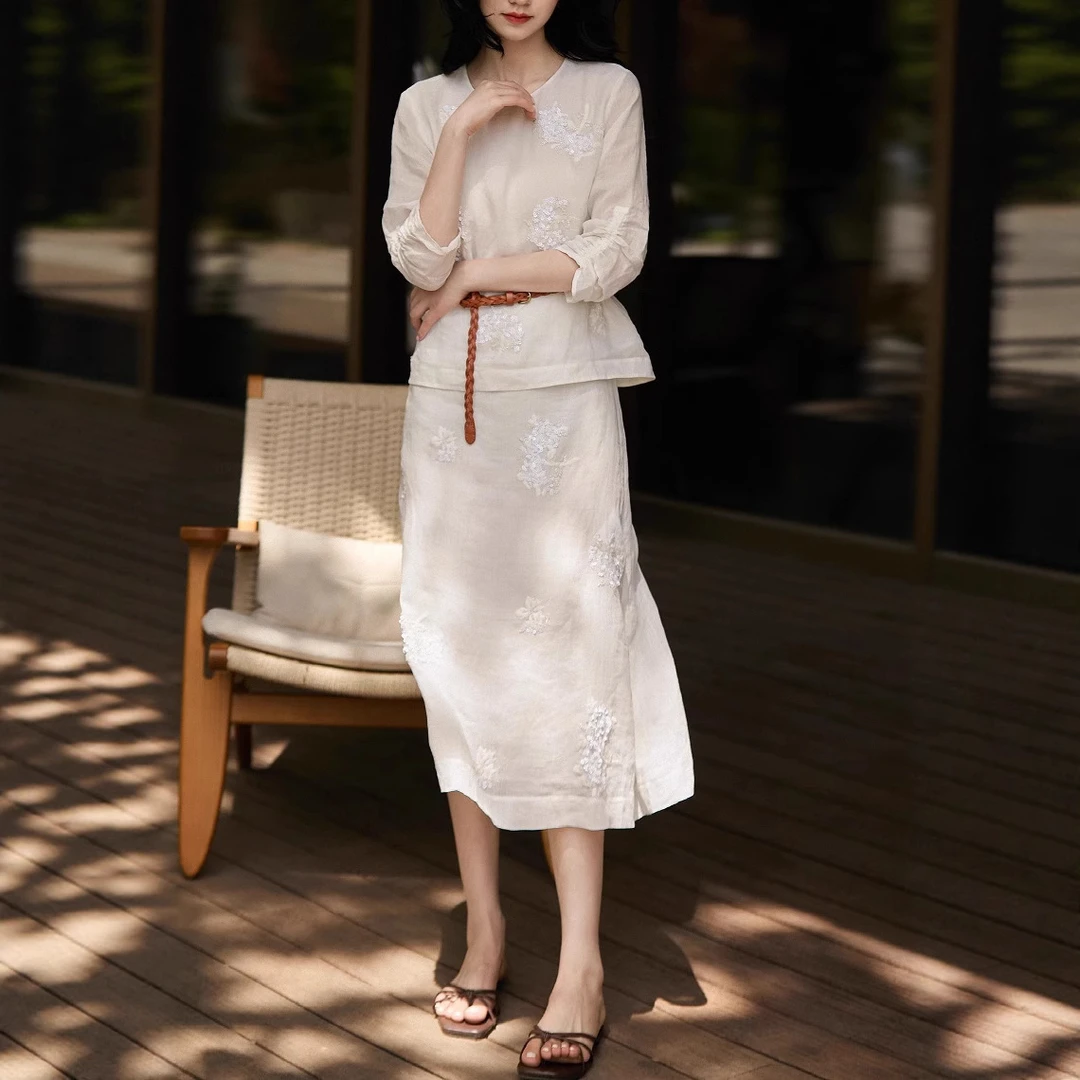 云璃白|重工亮片钉珠绣花清透圆领上衣女/半身裙套装