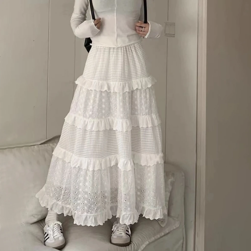 白色半身裙女高腰a字裙蕾丝蛋糕裙温柔风长裙设计感蛋糕裙长款L