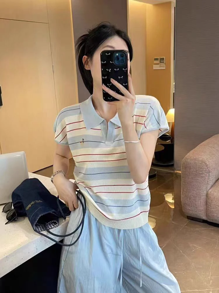 55030 百搭撞色翻领条纹小衫（衣长55左右）