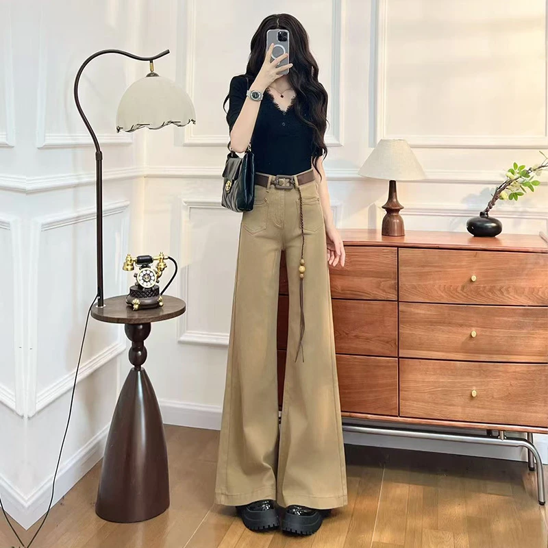 高级卡其色阔腿牛仔裤女2025春秋新款洋气流行爆款喇叭直筒裤
