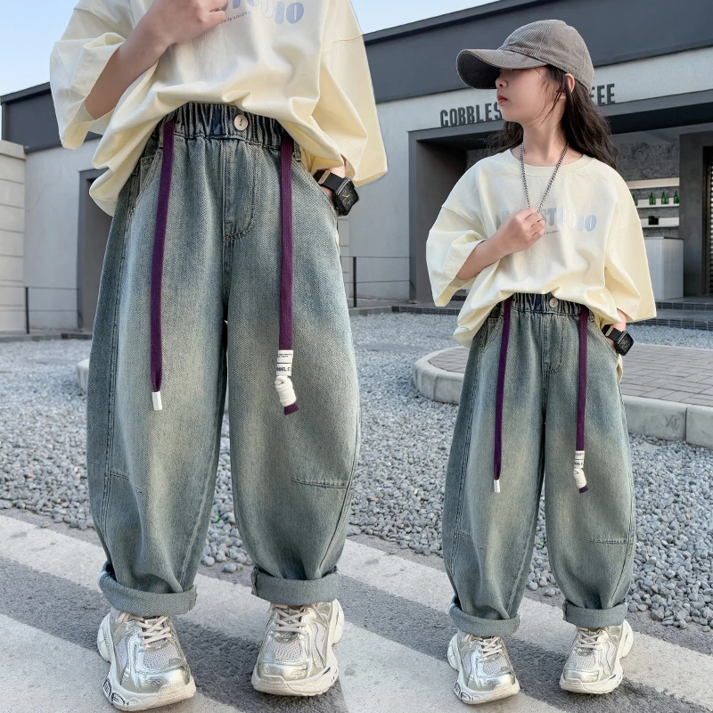 女童裤子春秋款儿童牛仔裤春款外穿洋气宽松春季长裤中大童春装潮