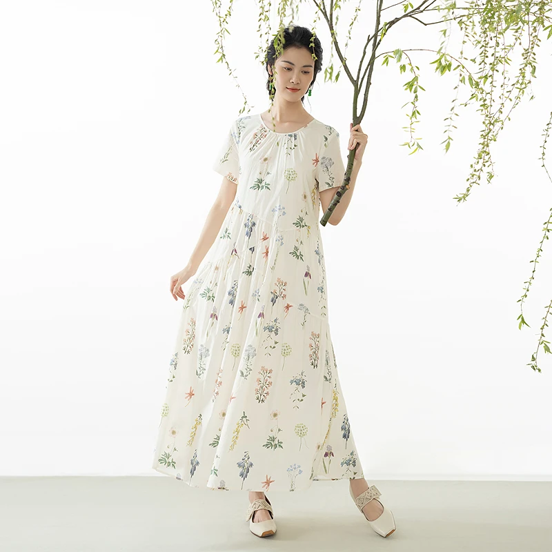 生活在左2025夏季新品纯棉宽松短袖印花连衣裙女1952382气质