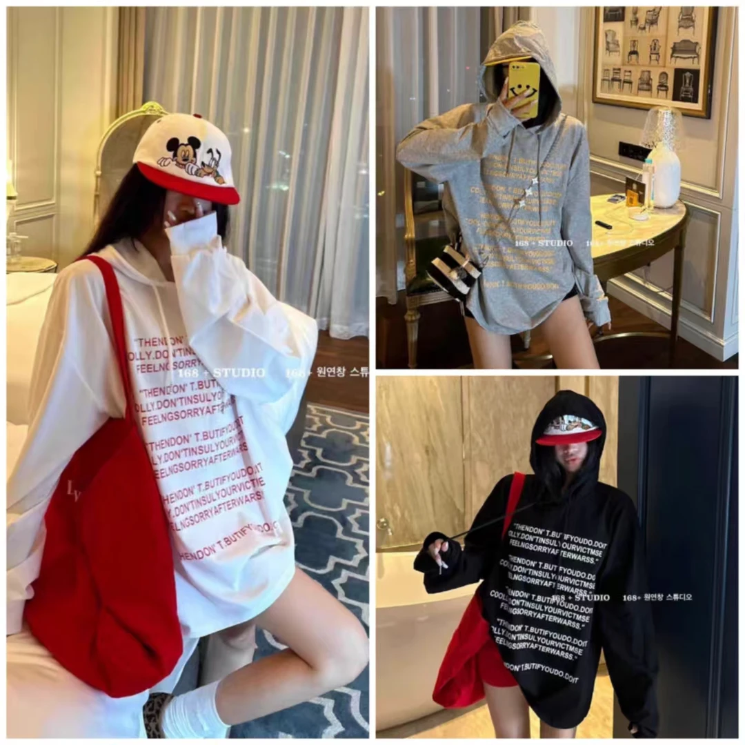 100棉韩系潮流字母连帽印花大版T恤宽松休闲日常百搭打底8553