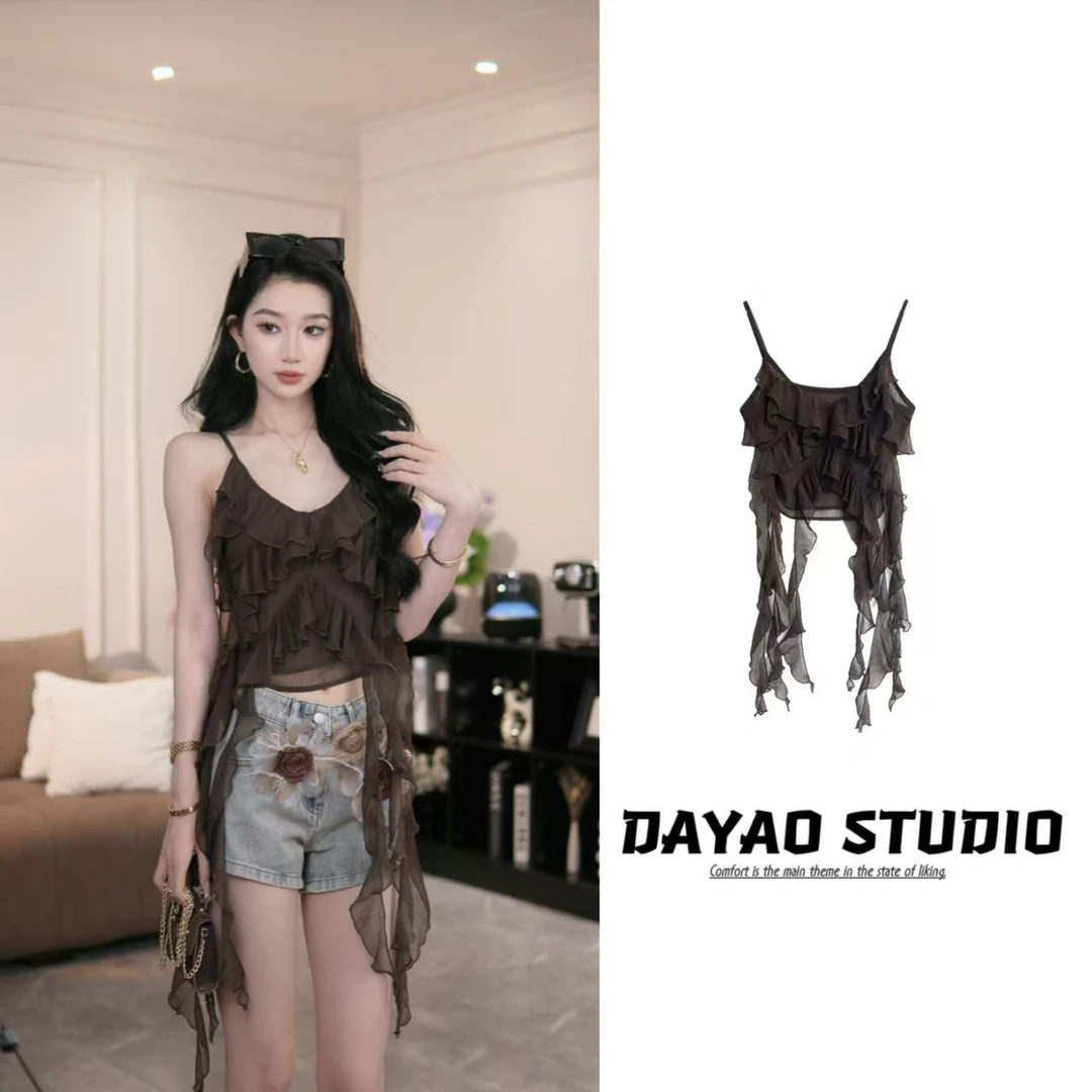 L【半岛松茶】不规则荷叶边飘带无袖上衣吊带女（肩带可调节）不带胸