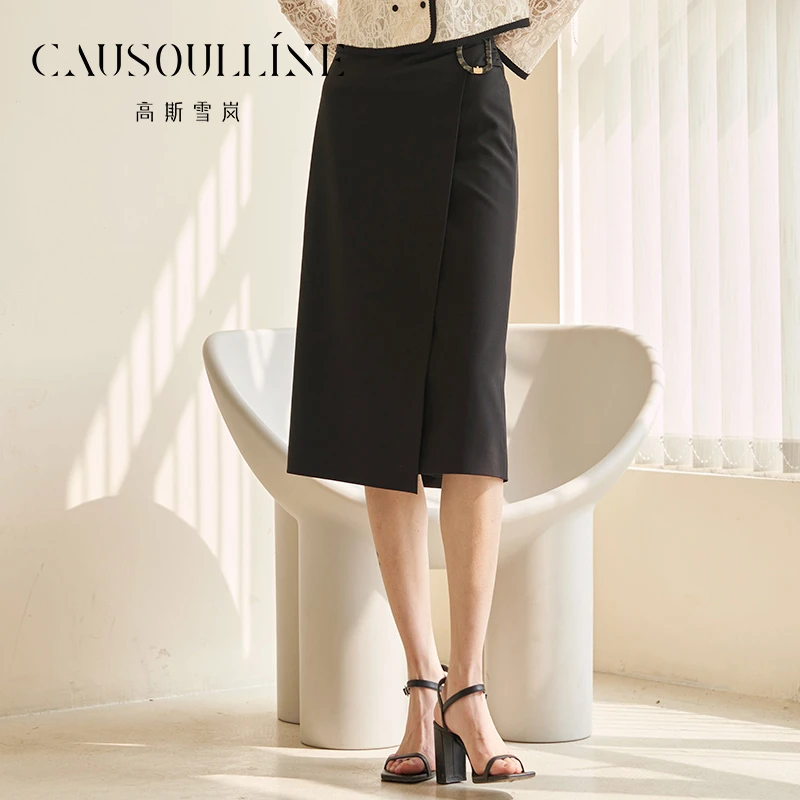 高斯雪岚【春装新品】时尚气质复古中长款纯色半身裙 23110015