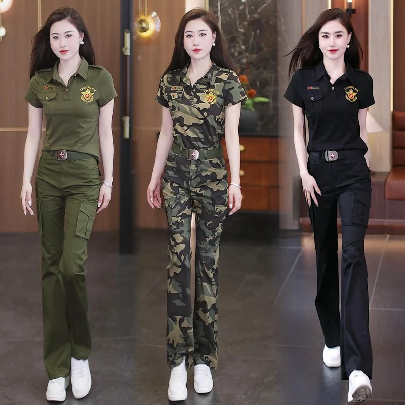 新款短袖喇叭裤套装修身显瘦工装T恤薄款时尚迷彩服POLO领水兵舞