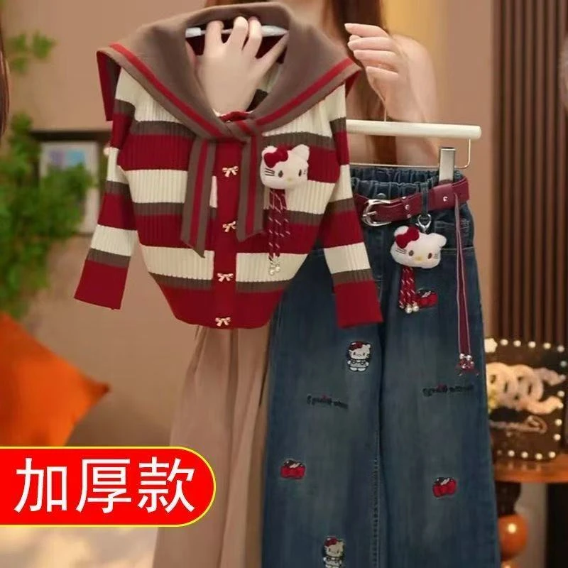 【实体货】套装2025新款洋气中大童针织海军毛衣卡通牛仔裤两件套