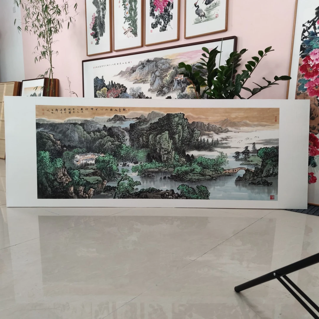 张现军老师纯手绘山水《观青山绿水心旷神怡》带框223*83厘米