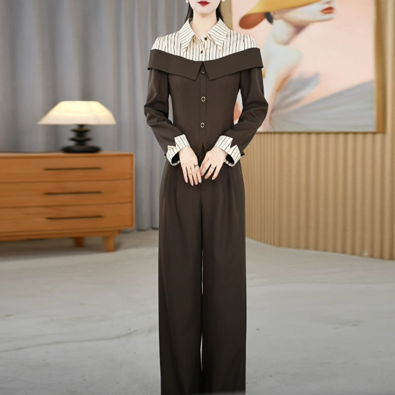 艾丝琪条纹拼接衬衫领休闲套装2025新款秋季修身减龄直筒裤两件套