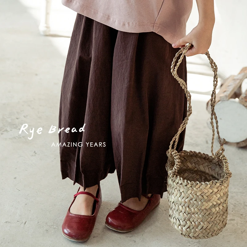 ryebread/黑面包童装 韩系女小童皱褶裤脚设计宽松纯色休闲裤 5春