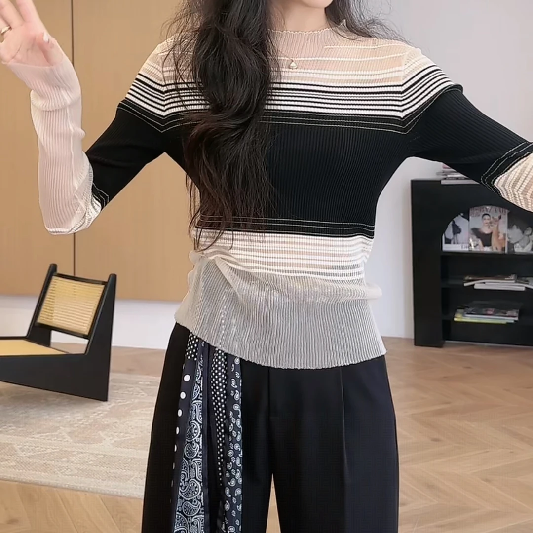 高弹撞色辣妹条纹微透修身显瘦上衣女2025早秋新款设计感针织衫