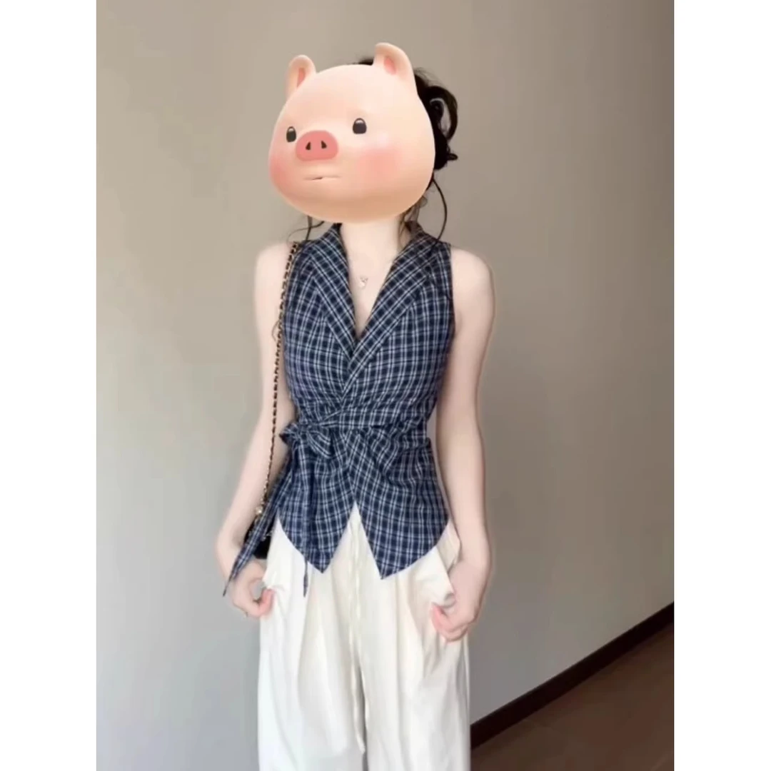 法式V领蝴蝶结绑带蓝色格子衬衫背心女夏季辣妹外穿修身无袖上衣