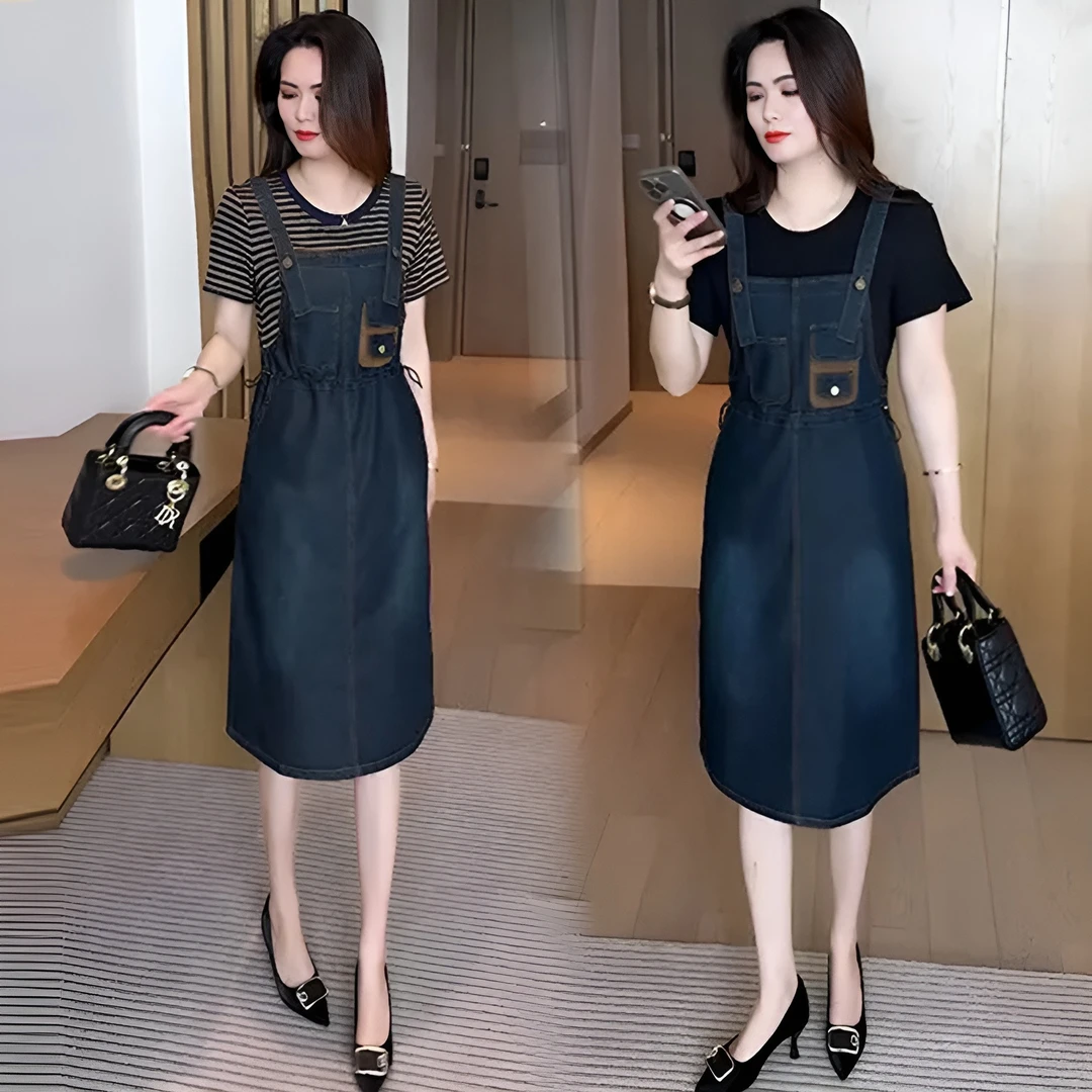 高含棉休闲减龄套装女2025年夏季新款韩版百搭显瘦连衣裙两件套潮